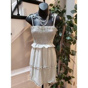 Johnny Becca Fit & Flare Dress Womens Size XS Gray Smocked Ruffle Square Neck